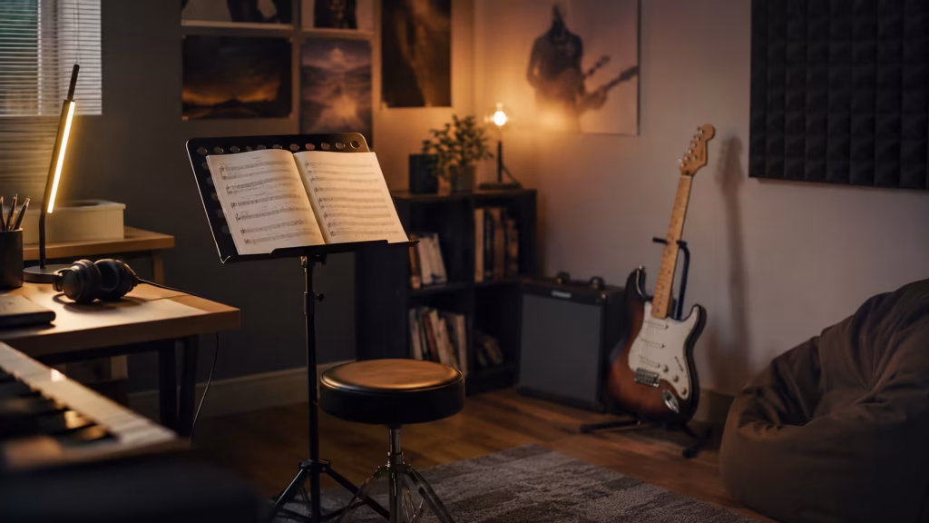 Home music practice space with guitar, keyboard, headphones, and sheet music